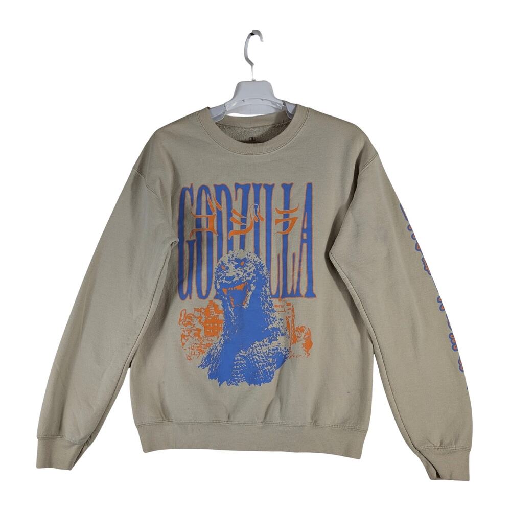 Godzilla Kaiju Graphic Crewneck Sweatshirt Beige Japanese Unisex Size Small USED